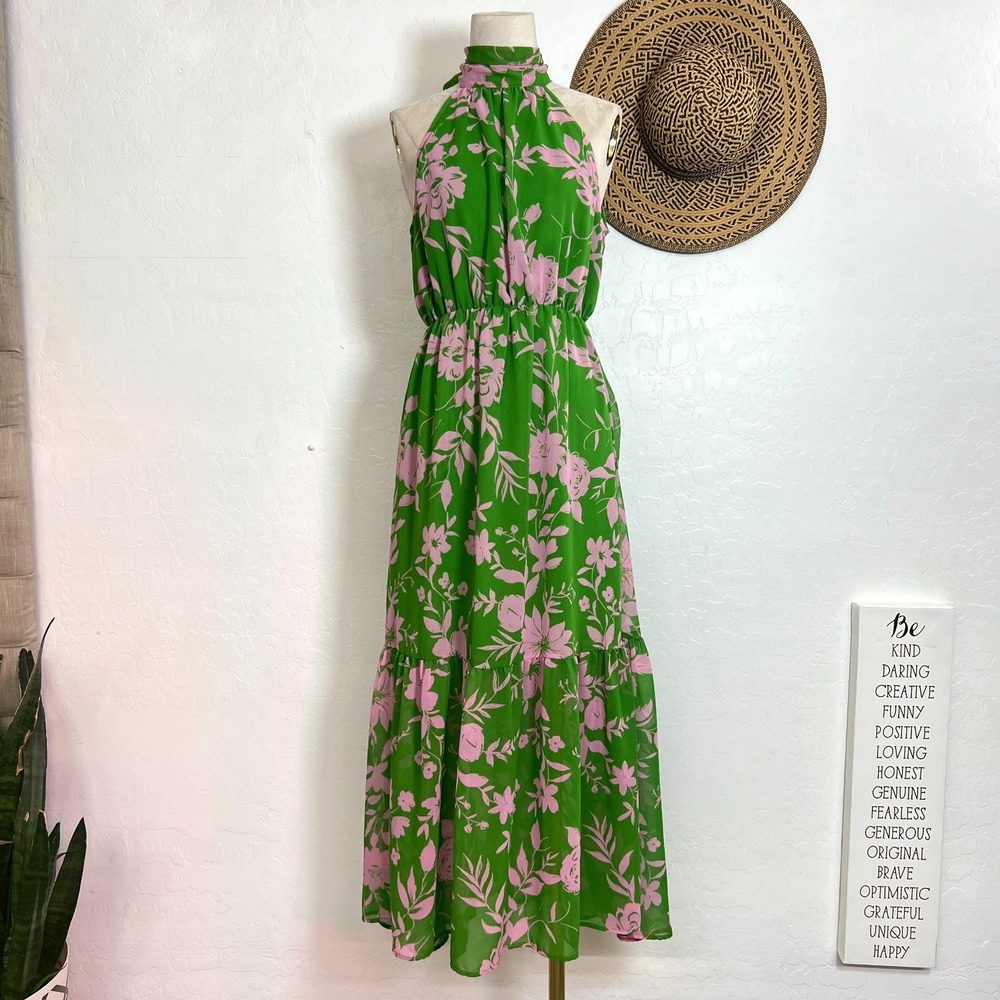 Scoop Halter Neck Floral Midi Dress XS - Green Pink resort flowy elastic waist